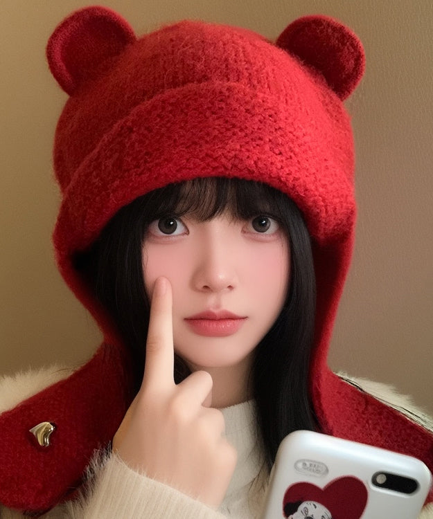 Fashion Red Thick Knit Ear Protection Warm Bonnie Hat