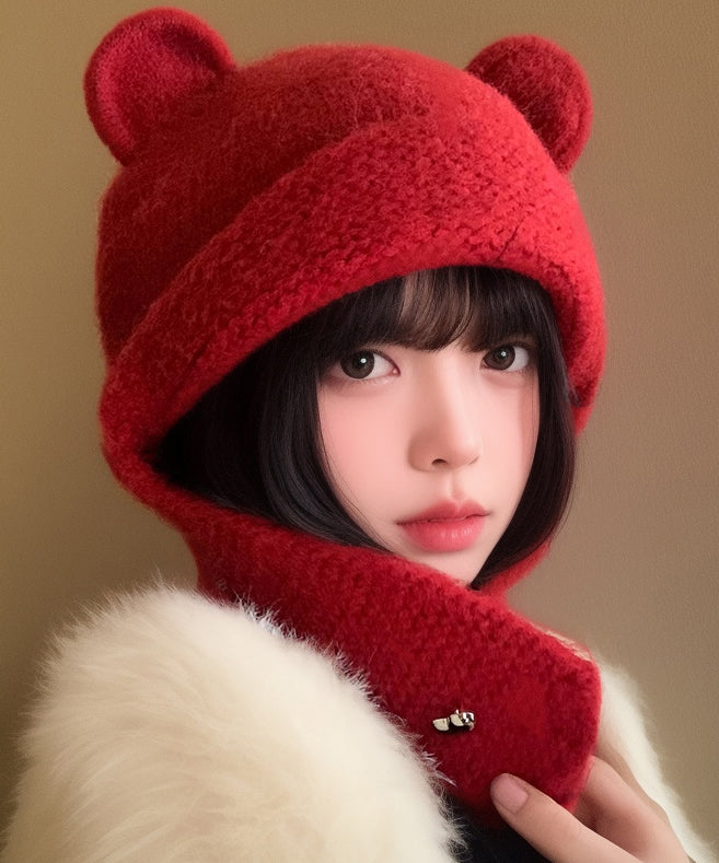 Fashion Red Thick Knit Ear Protection Warm Bonnie Hat