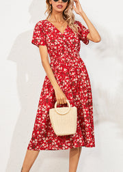 Fashion Red V Nec Print Long Dress Summer