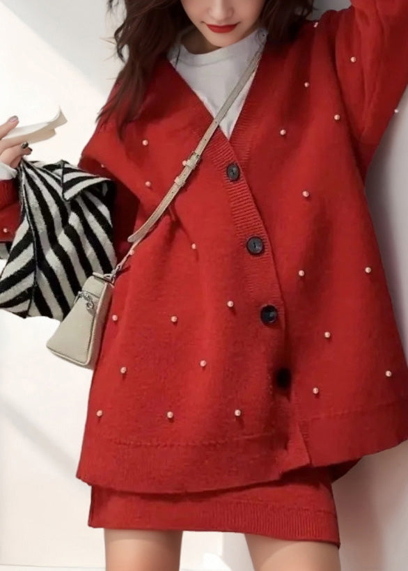 Fashion Red V Neck Nail Bead Cotton Knit Cardigan And Skirts Two Pieces Set Spring