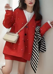 Fashion Red V Neck Nail Bead Cotton Knit Cardigan And Skirts Two Pieces Set Spring