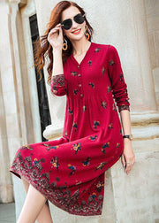 Fashion Red V Neck Print Knit Long Dresses Spring