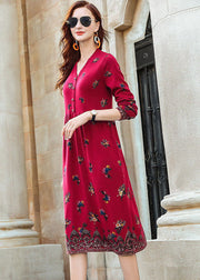 Fashion Red V Neck Print Knit Long Dresses Spring