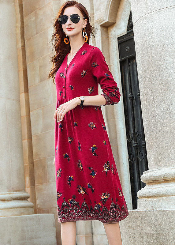 Fashion Red V Neck Print Knit Long Dresses Spring