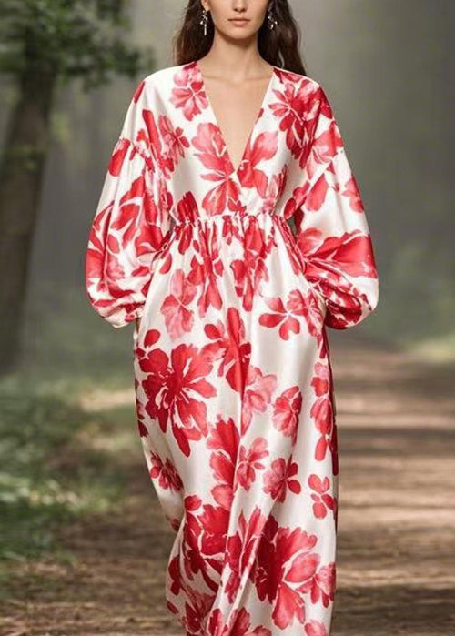 Fashion Red V Neck Print Pockets Silk Maxi Dresses Spring