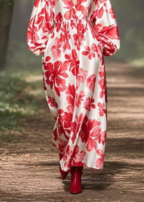 Fashion Red V Neck Print Pockets Silk Maxi Dresses Spring