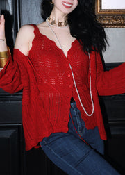 Fashion Red V Neck Tank And Cardigans Knit Two Pieces Set Spring