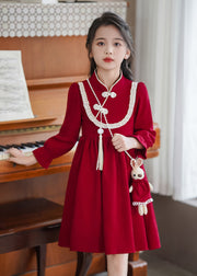 Fashion Red Wrinkled Ruffled Patchwork Girls Maxi Dress Spring