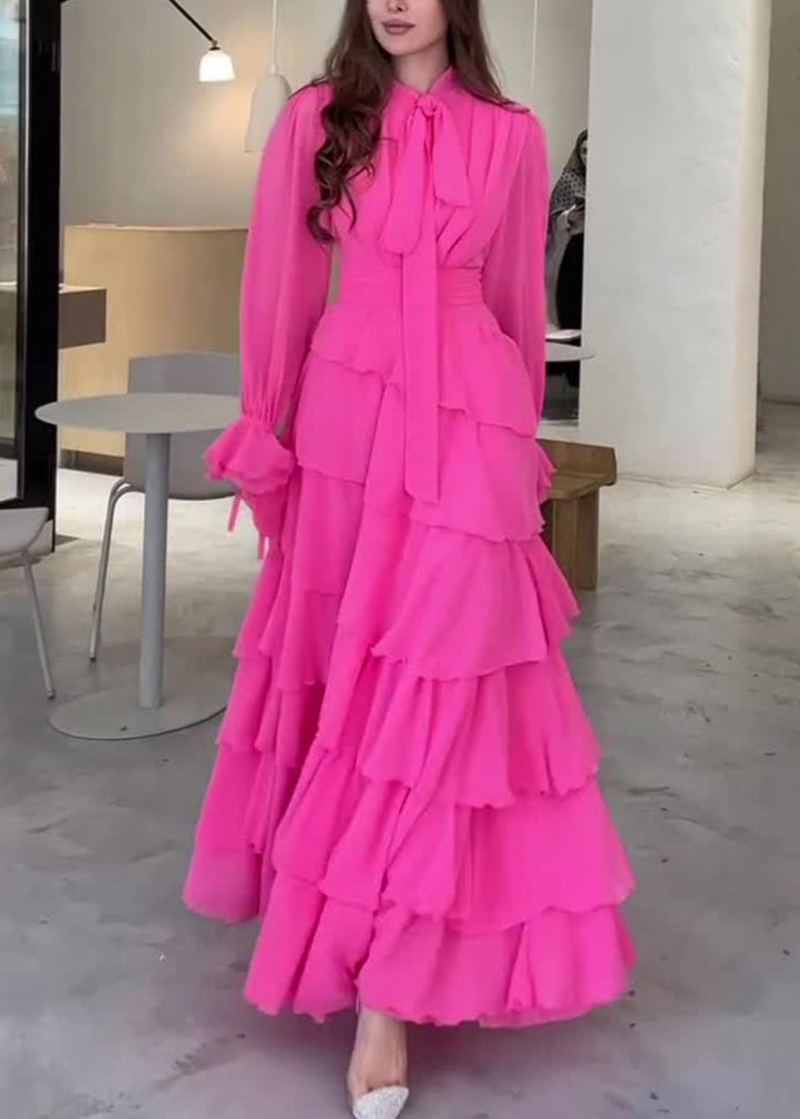 Fashion Rose Bow Ruffled Patchwork Chiffon Long Dress Spring