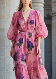 Fashion Rose Cinched Print Chiffon Robe Dresses Summer