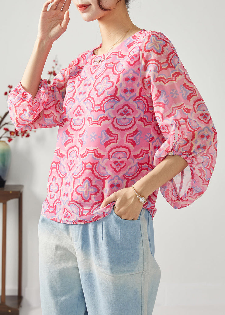 Fashion Rose Oversized Print Chiffon Shirt Top Bracelet Sleeve