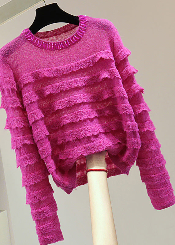 Fashion Rose Ruffled Patchwork Nail Bead Cotton Knit Sweater Winter