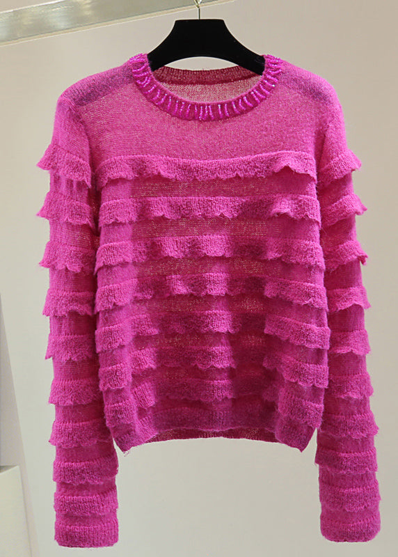 Fashion Rose Ruffled Patchwork Nail Bead Cotton Knit Sweater Winter