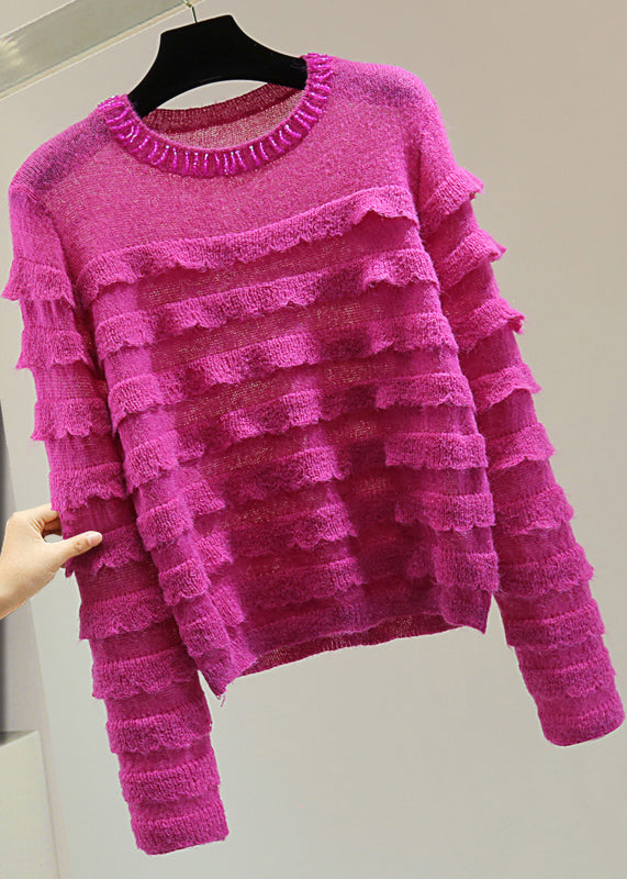 Fashion Rose Ruffled Patchwork Nail Bead Cotton Knit Sweater Winter