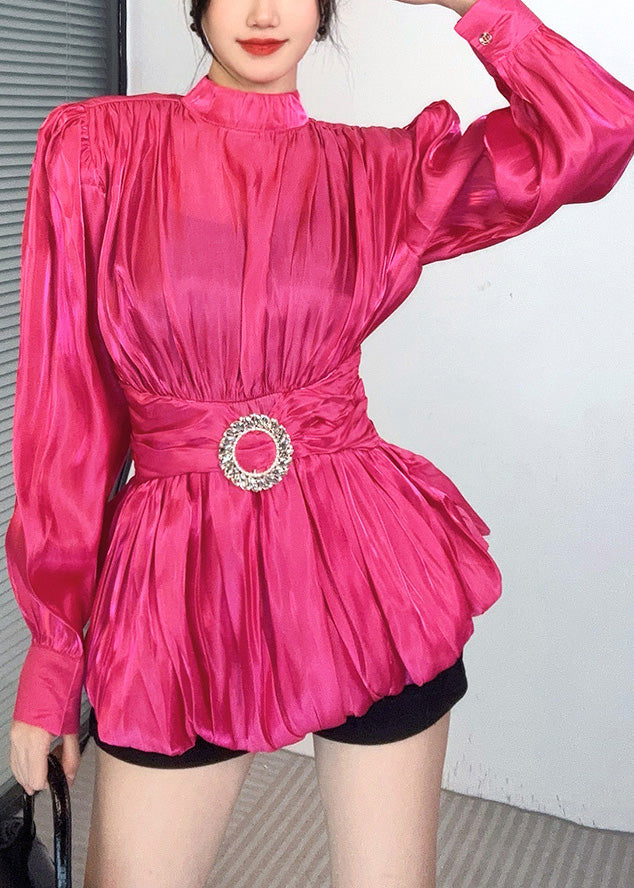 Fashion Rose Stand Collar Wrinkled Silk Top Lantern Sleeve
