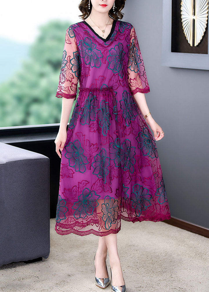 Fashion Rose V Neck Embroideried Patchwork Silk Dresses Summer