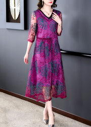 Fashion Rose V Neck Embroidered Patchwork Silk Dresses Summer