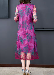 Fashion Rose V Neck Embroidered Patchwork Silk Dresses Summer