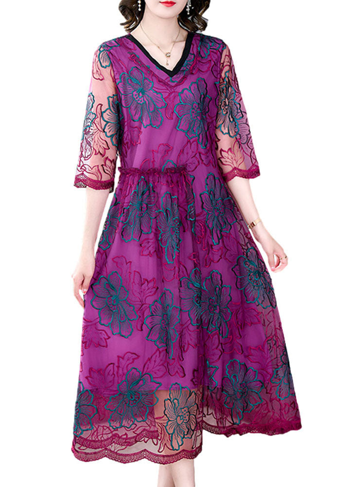 Fashion Rose V Neck Embroidered Patchwork Silk Dresses Summer