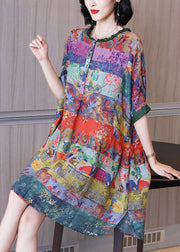 Fashion Ruffled Print Button Side Open Linen Vacation Dresses Half Sleeve