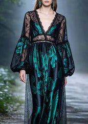 Fashion Sexy Black Lace Patchwork Silk Long Dresses Spring