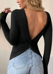 Fashion Sexy Black O-Neck Backless Cotton Top Spring