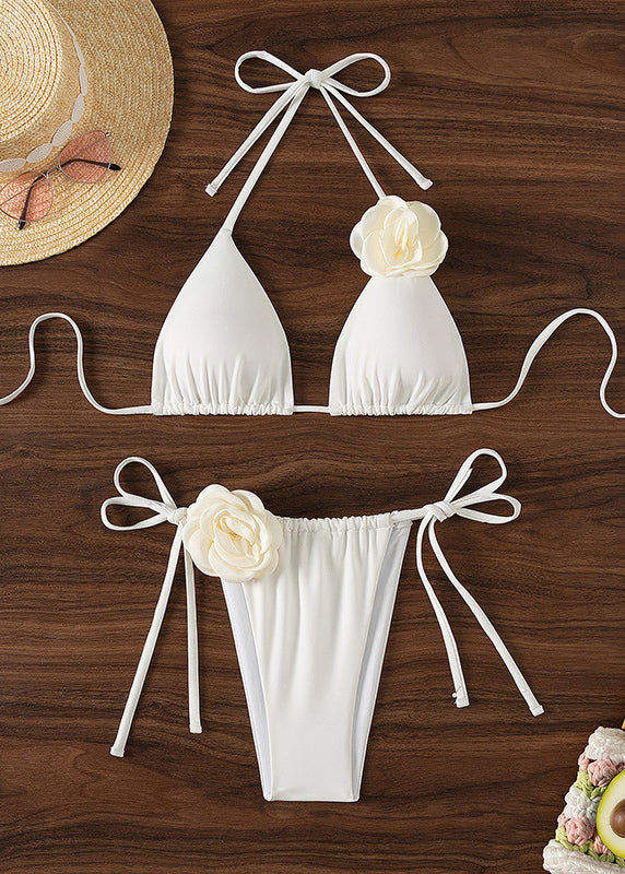 Fashion Sexy White Floral Lace Up Bikini Swimsuit Set