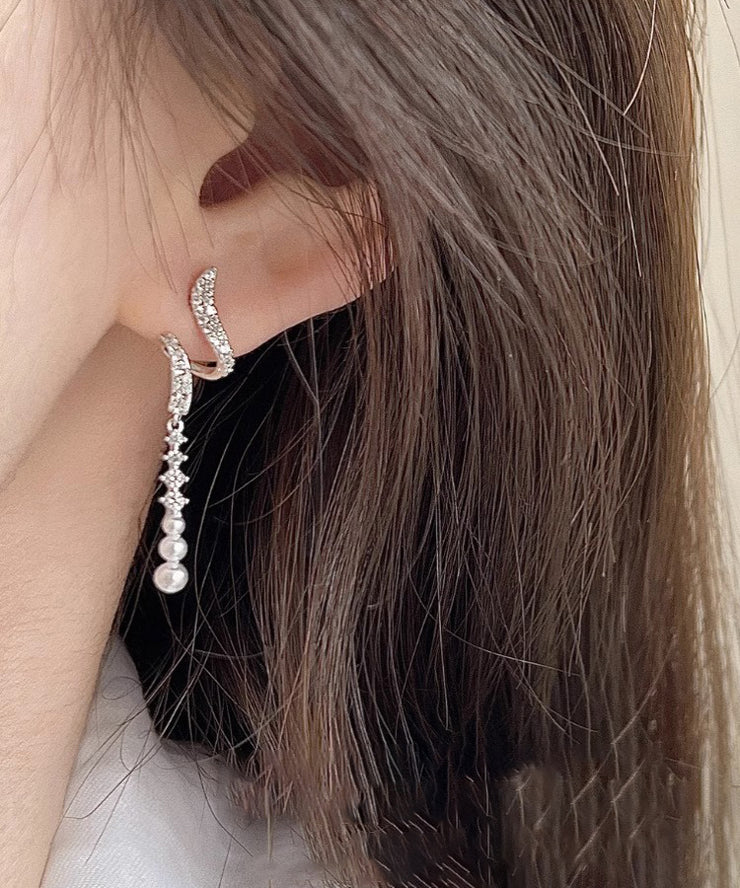 Fashion Silk Alloy Zircon Pearl Tassel Drop Earrings