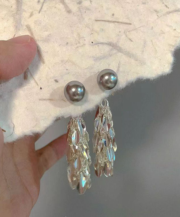 Fashion Silk Copper Overgild Pearl Tassel Drop Earrings