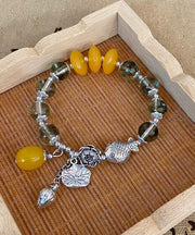 Fashion Silk Sterling Silver Crystal Little Fish Playing With Lotus Tassel Charm Bracelet