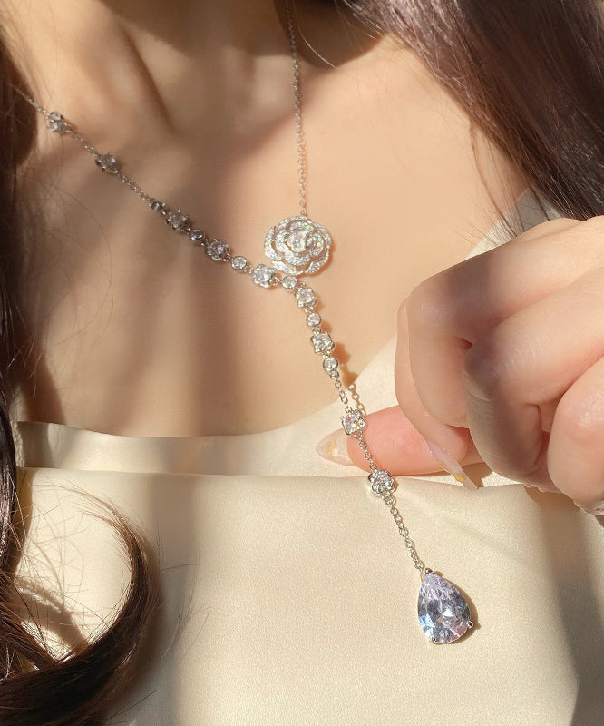 Fashion Silk Sterling Silver Zircon Rose Tassel Pendant Necklace