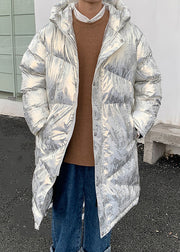 Fashion Silver Gray Hooded Print Men Parkas Winter