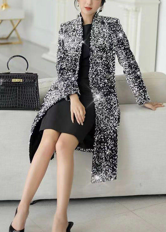 Fashion Silver V Neck Slim Fit Sequins Trench Spring