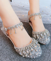 Fashion Silvery Crystal Tassel Buckle Strap Girls Flats Shoes