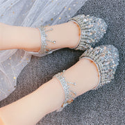 Fashion Silvery Crystal Tassel Buckle Strap Girls Flats Shoes