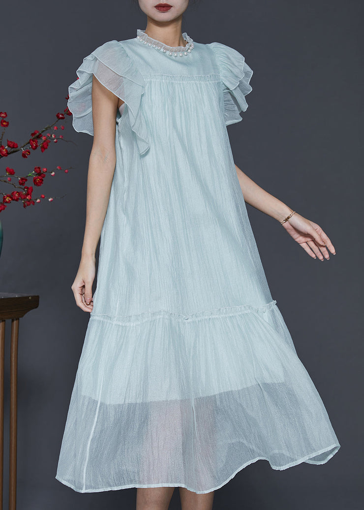 Fashion Sky Blue Ruffled Silk Maxi Dresses Summer