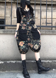 Fashion Slash Neck Print Patchwork Button Denim Jumpsuit Spring