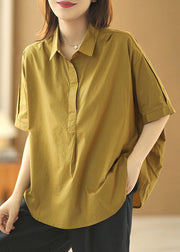 Fashion Solid Khaki Peter Pan Collar Patchwork Cotton Shirt Tops Short Sleeve