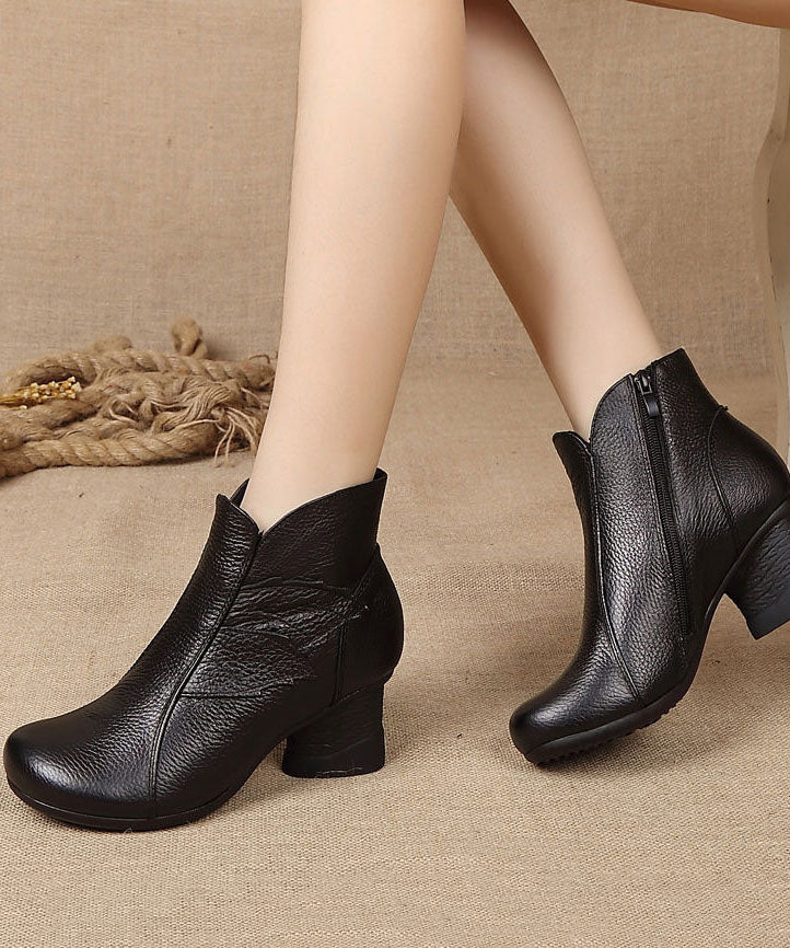 Fashion Splicing Chunky Boots Black Cowhide Leather