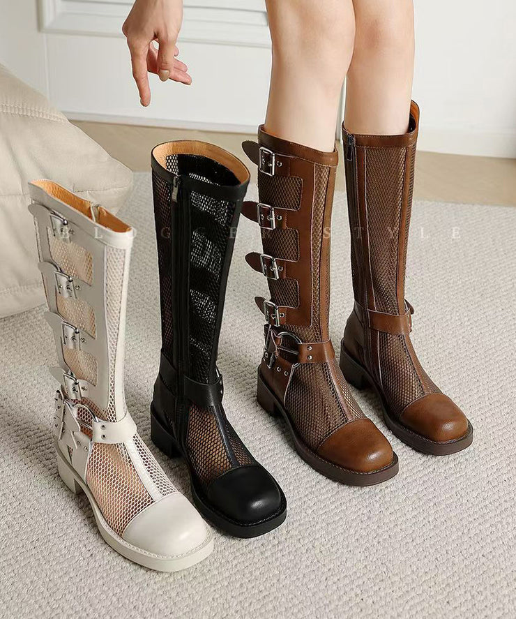 Fashion Splicing Chunky Hollow Out Breathable Boots Beige Genuine Leather