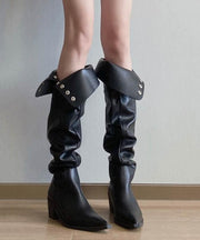 Fashion Splicing Chunky Knee Boots Black Faux Leather