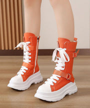 Fashion Splicing Lace Up Orange Canvas Motorcycle Platform Boots