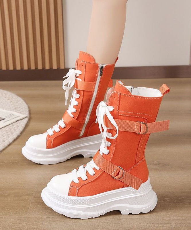 Fashion Splicing Lace Up Orange Canvas Motorcycle Platform Boots