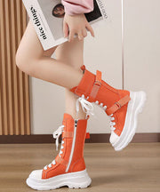 Fashion Splicing Lace Up Orange Canvas Motorcycle Platform Boots