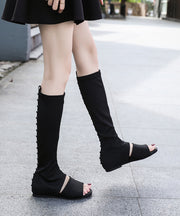 Fashion Splicing Long Boots Black Peep Toe Elastic Fabric