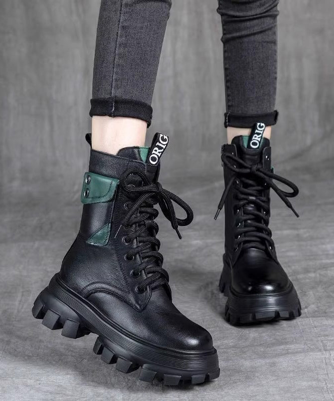 Fashion Splicing Platform Boots Black Cowhide Leather Lace Up