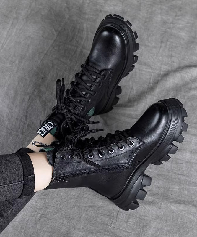 Fashion Splicing Platform Boots Black Cowhide Leather Lace Up