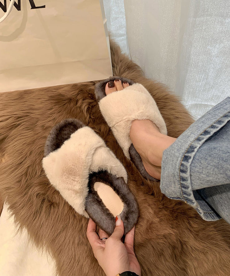 Fashion Splicing Platform Slippers Shoes Khaki Fuzzy Fur