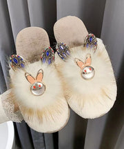 Fashion Splicing Slippers Shoes Khaki Fuzzy Fur Zircon