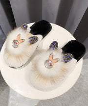 Fashion Splicing Slippers Shoes Khaki Fuzzy Fur Zircon